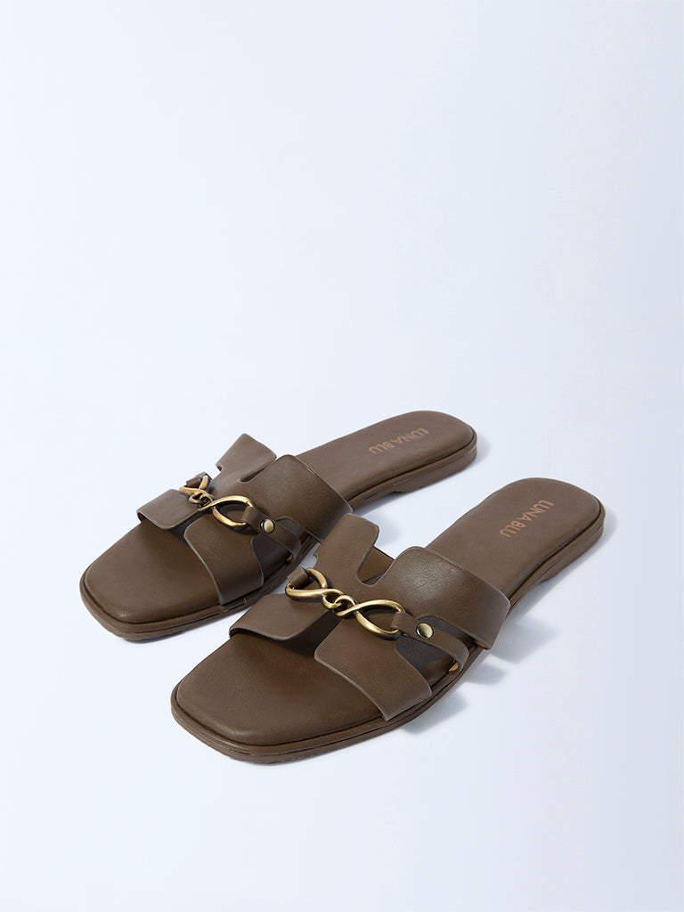 LUNA BLU Brown Buckle-Detailed Slides