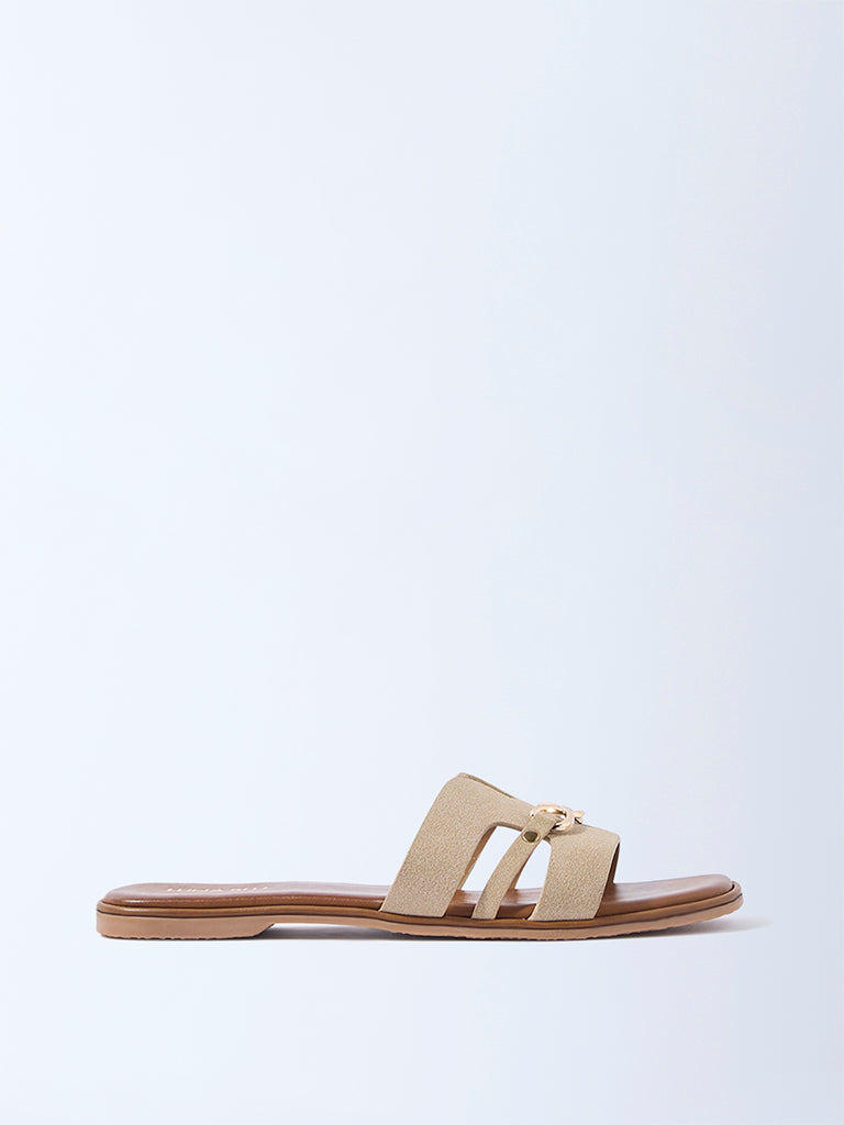 LUNA BLU Beige Buckle-Detailed Slides