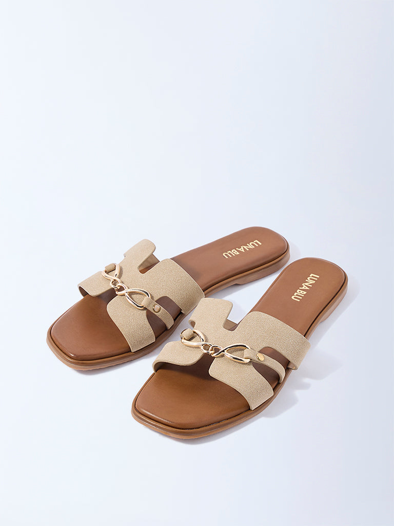 LUNA BLU Beige Buckle-Detailed Slides