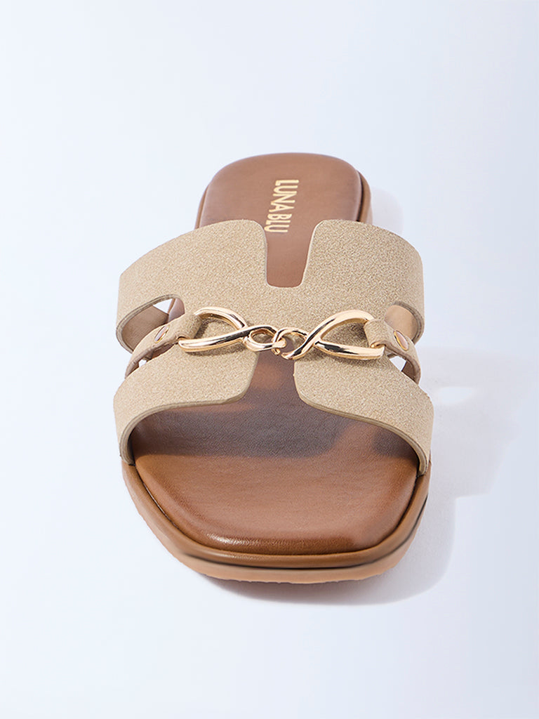 LUNA BLU Beige Buckle-Detailed Slides