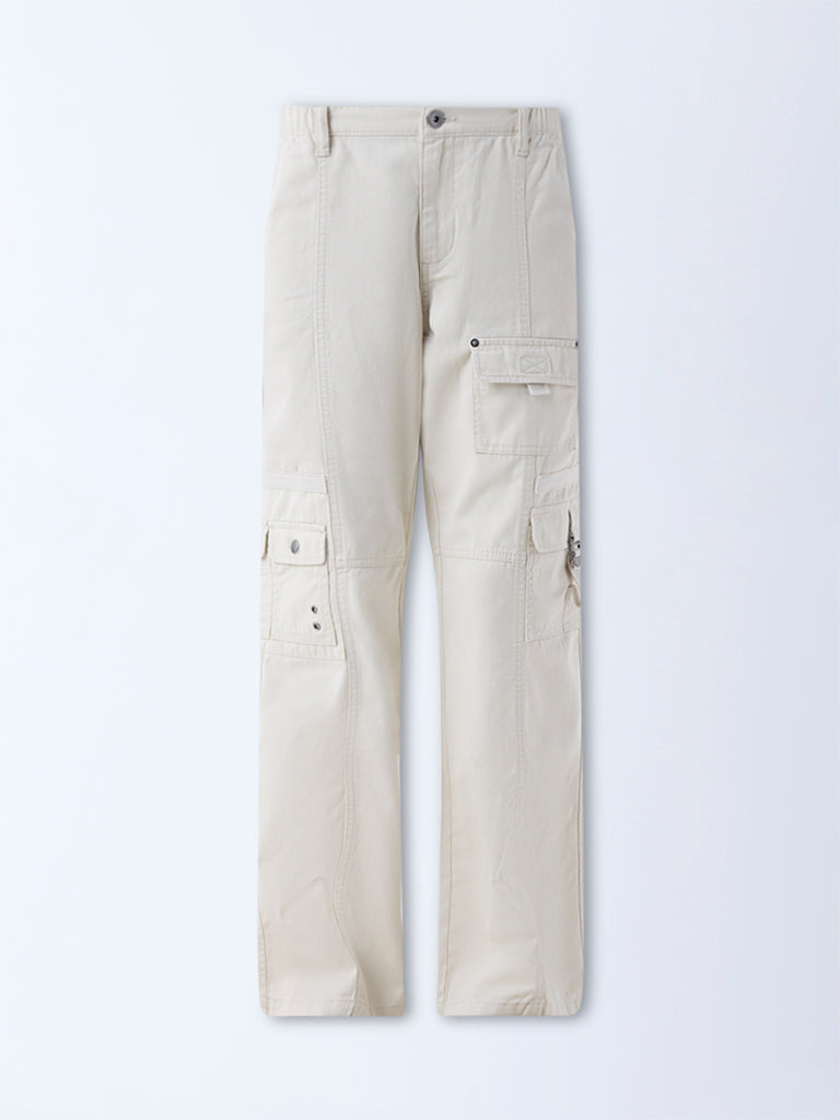 Nuon Beige Cargo-Style High-Rise Cotton Pants
