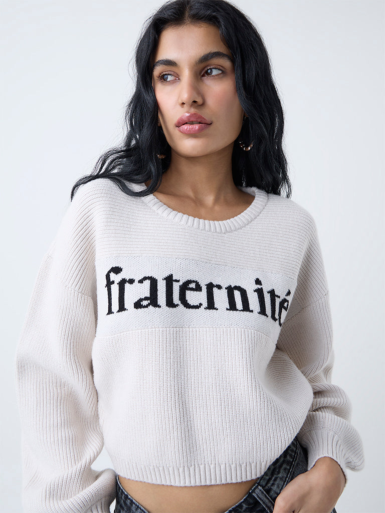 Nuon Light Beige Text Embroidered Sweater