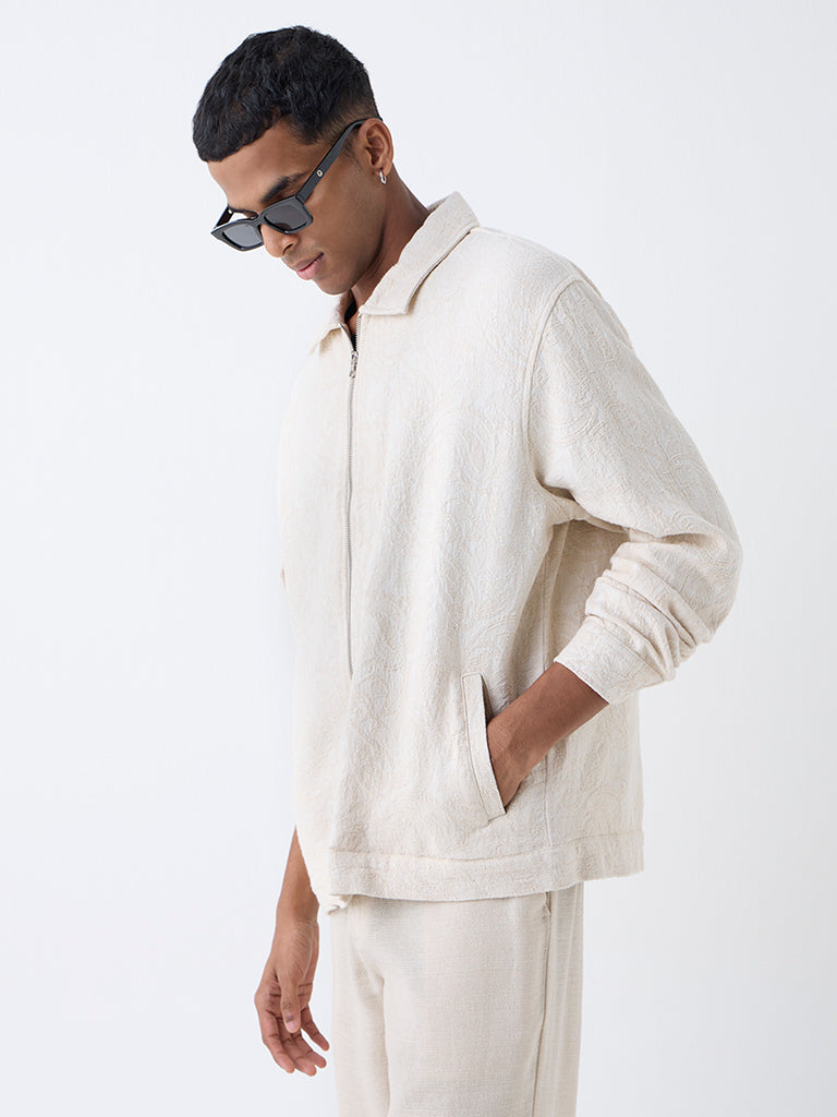 ETA Light Beige Paisley Design Relaxed-Fit Cotton Jacket