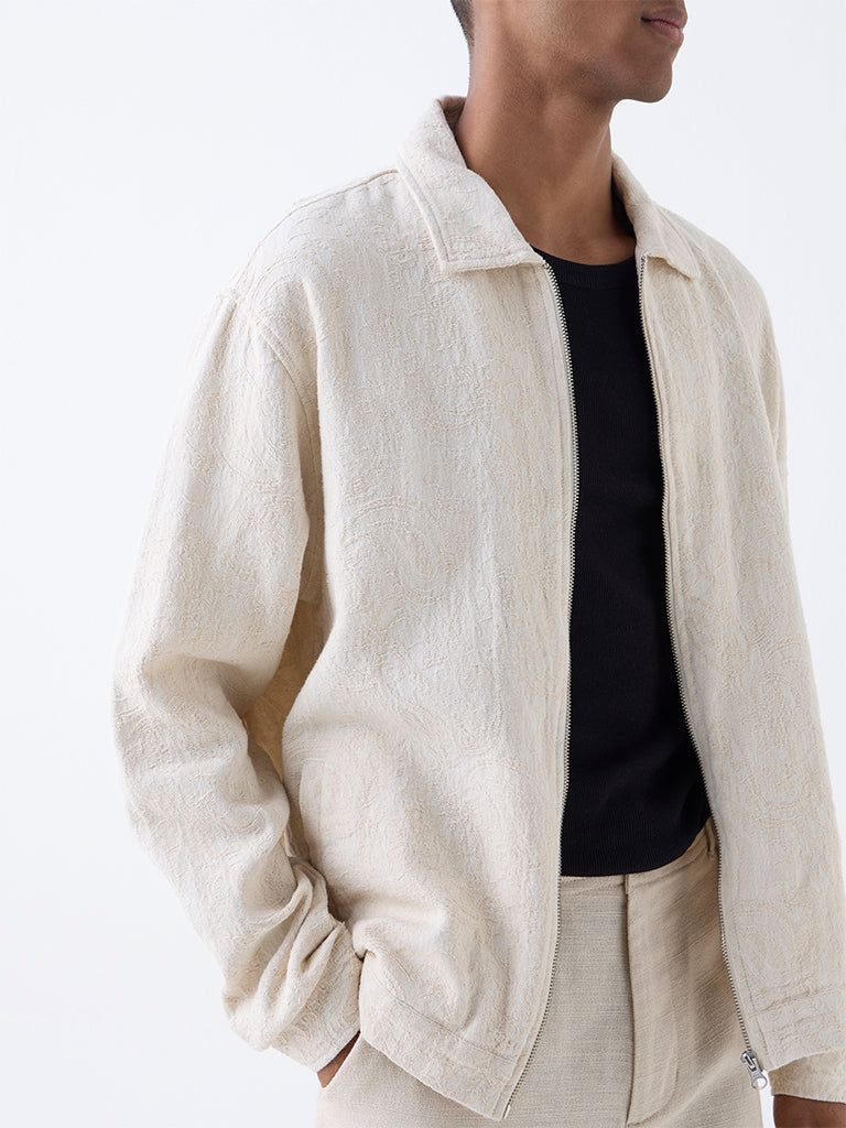 ETA Light Beige Paisley Design Relaxed-Fit Cotton Jacket