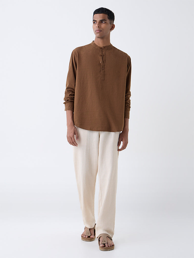 ETA Brown Self-Patterned Relaxed-Fit Cotton-Blend Shirt