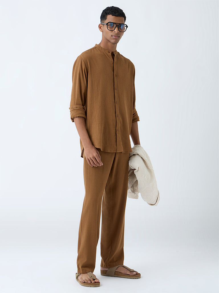 ETA Brown Crinkle-Textured Relaxed-Fit Cotton Shirt