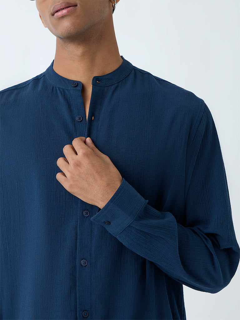 ETA Navy Solid Relaxed-Fit Cotton Shirt