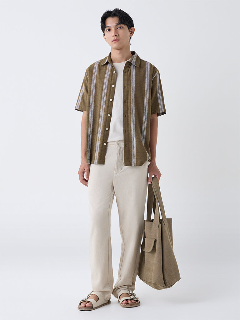 ETA Brown Embroidered Relaxed-Fit Cotton Shirt