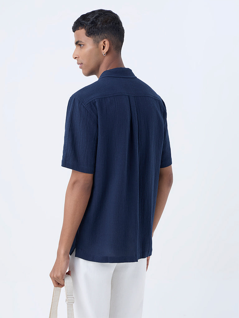 ETA Navy Floral Embroidered Relaxed-Fit Cotton Shirt