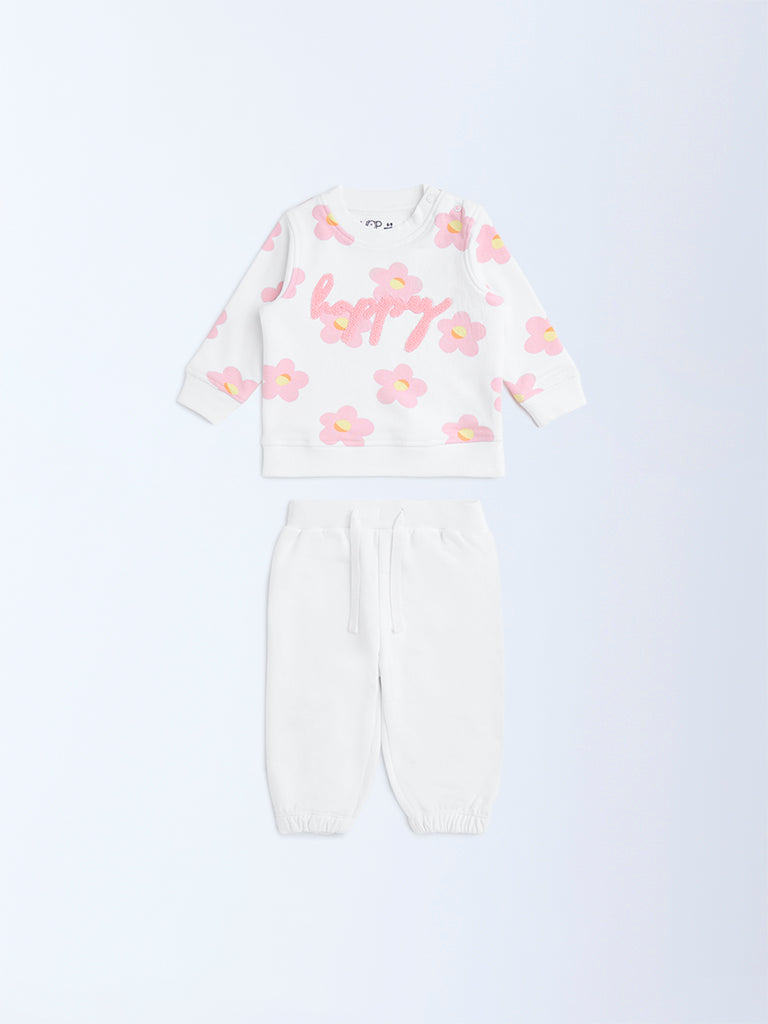 HOP Baby White Floral Cotton-Blend Sweatshirt and Pants Set