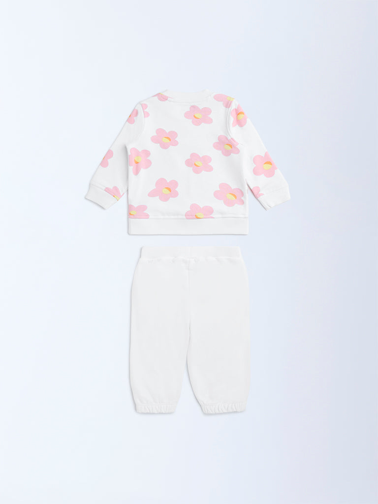 HOP Baby White Floral Cotton-Blend Sweatshirt and Pants Set