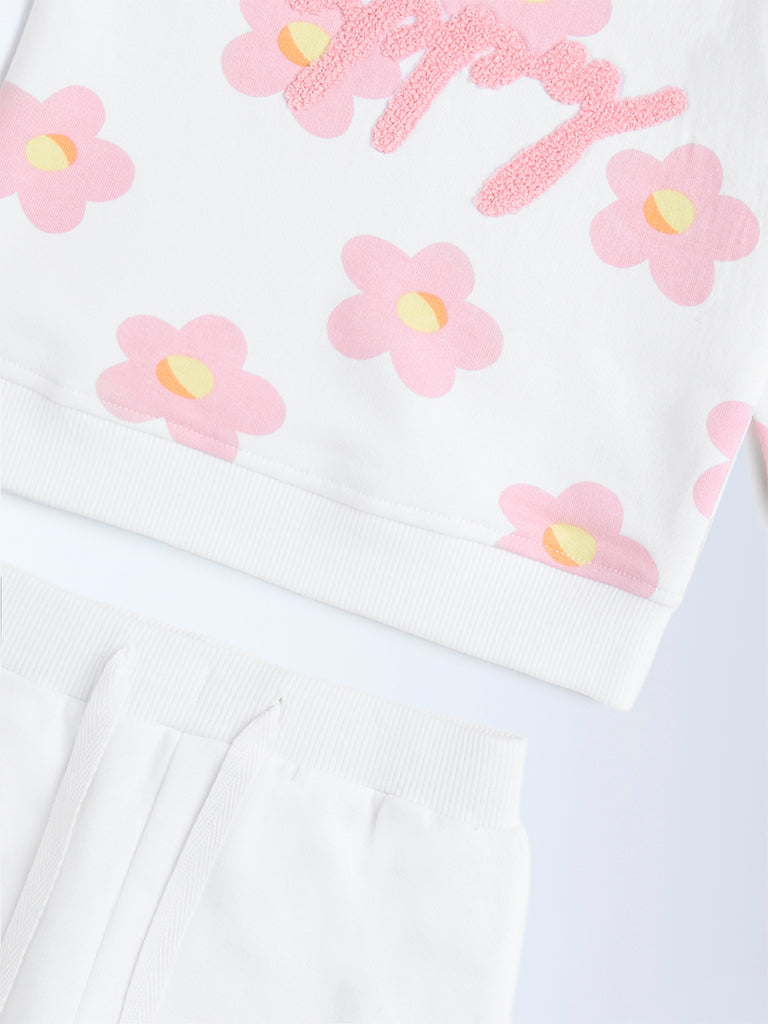 HOP Baby White Floral Cotton-Blend Sweatshirt and Pants Set