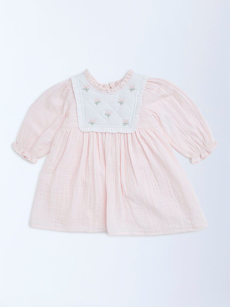 HOP Baby Pink Floral Embroidered Cotton A-Line Dress