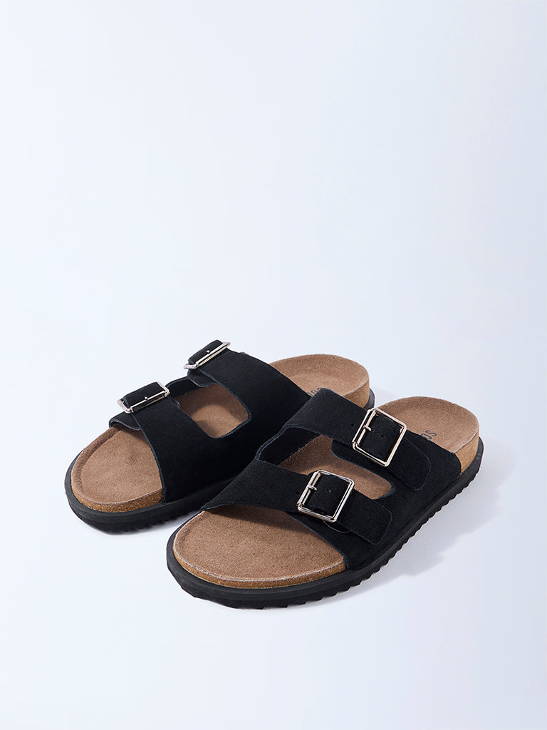 SOLEPLAY Black Dual-Strap Slip-On Leather Sandals