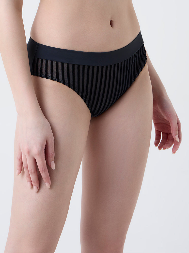 Wunderlove Black Velvet Striped Hi-Leg Briefs