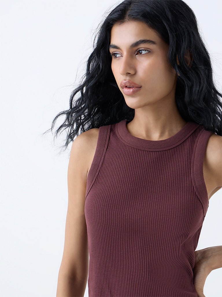 Superstar Brown Ribbed Cotton-Blend Tank Top