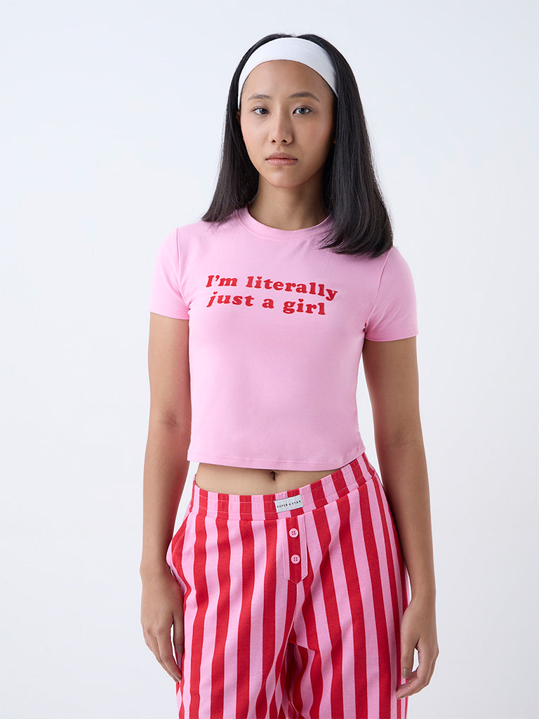 Westside Superstar Women's Pink Text Detailed Cotton-Blend T-Shirt for Casual Wear Full View