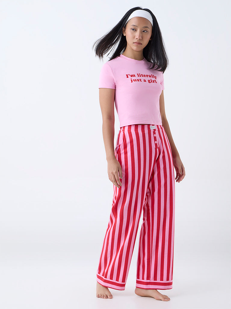 Westside Superstar Women's Pink Text Detailed Cotton-Blend T-Shirt for Casual Wear Front View