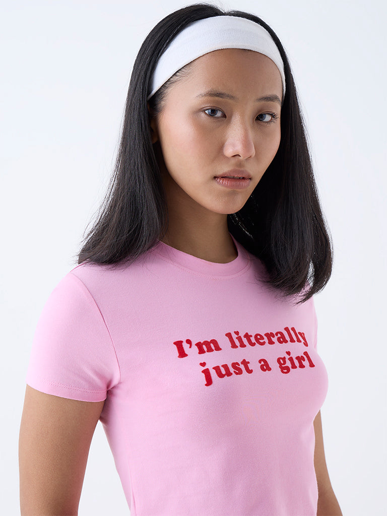 Westside Superstar Women's Pink Text Detailed Cotton-Blend T-Shirt for Casual Wear Zoomed View