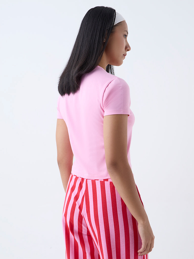 Westside Superstar Women's Pink Text Detailed Cotton-Blend T-Shirt for Casual Wear Back View