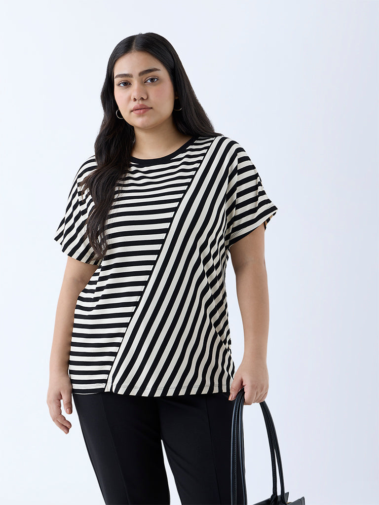 Westside Gia Women's Black Stripe Printed T-Shirt for Casual Wear Front View
