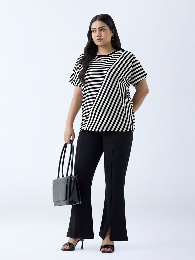 Westside Gia Women's Black Stripe Printed T-Shirt for Casual Wear Full View