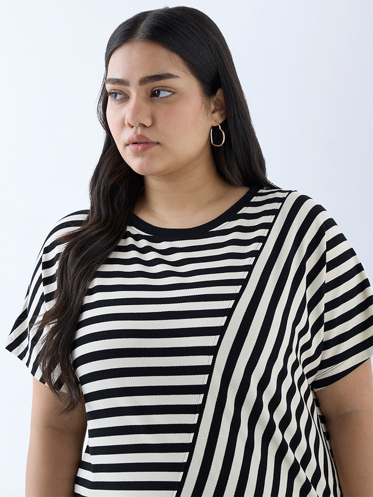 Westside Gia Women's Black Stripe Printed T-Shirt for Casual Wear Zoomed View