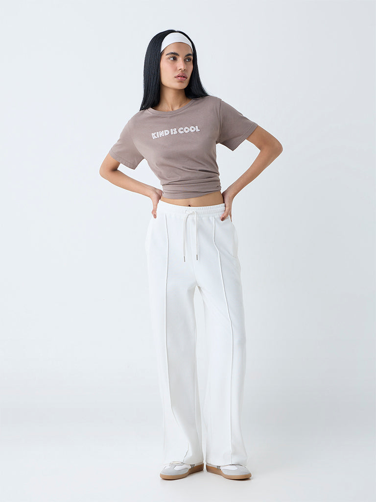 Westside Studiofit Women's Taupe Typographic Cotton T-Shirt for Sports Wear Full View