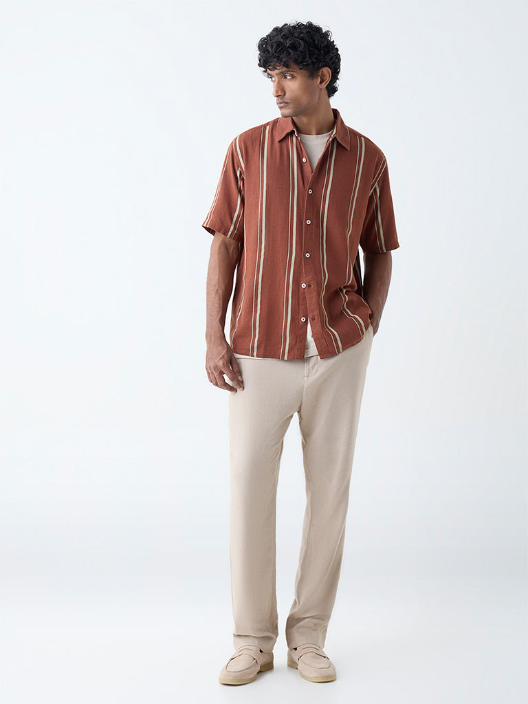 Westside Ascot Men's Rust Stripe Relaxed-Fit Shirt for Casual Wear Full View