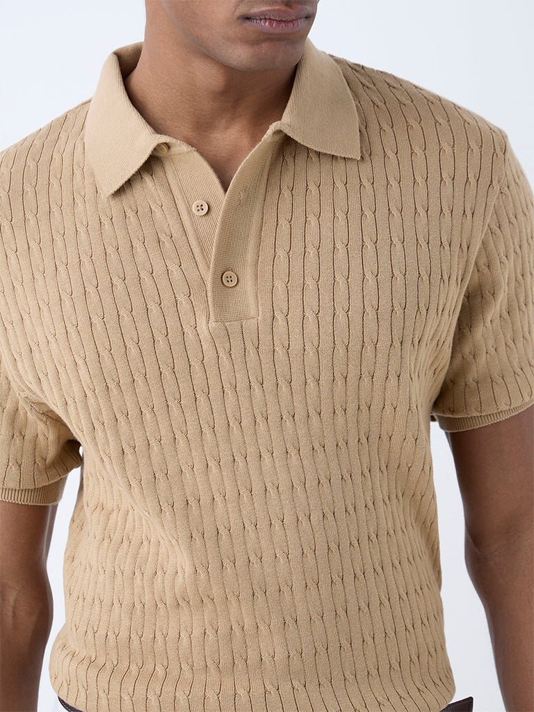 Westside Ascot Men's Beige Cable-Knit Relaxed-Fit Cotton Polo T-Shirt for Casual Wear Zoomed View