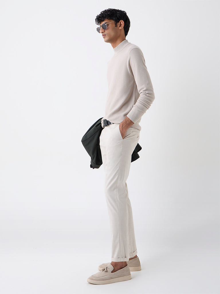 WES Formals Beige Solid Slim-Fit Sweater