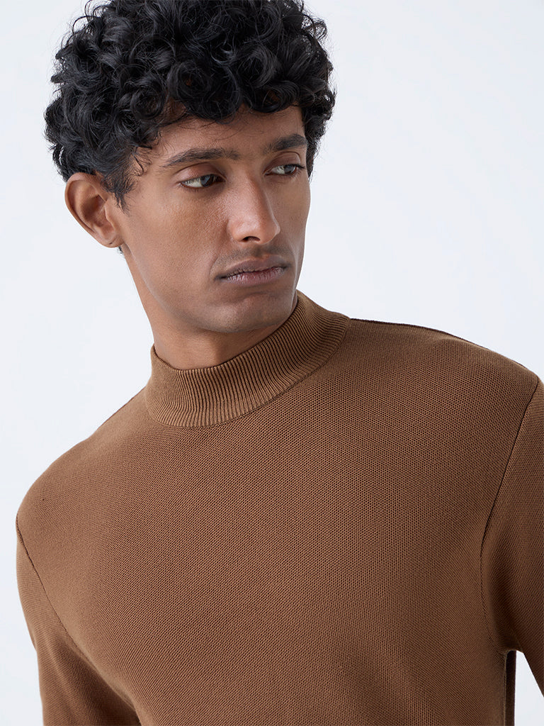 WES Formals Brown Solid Relaxed-Fit Sweater