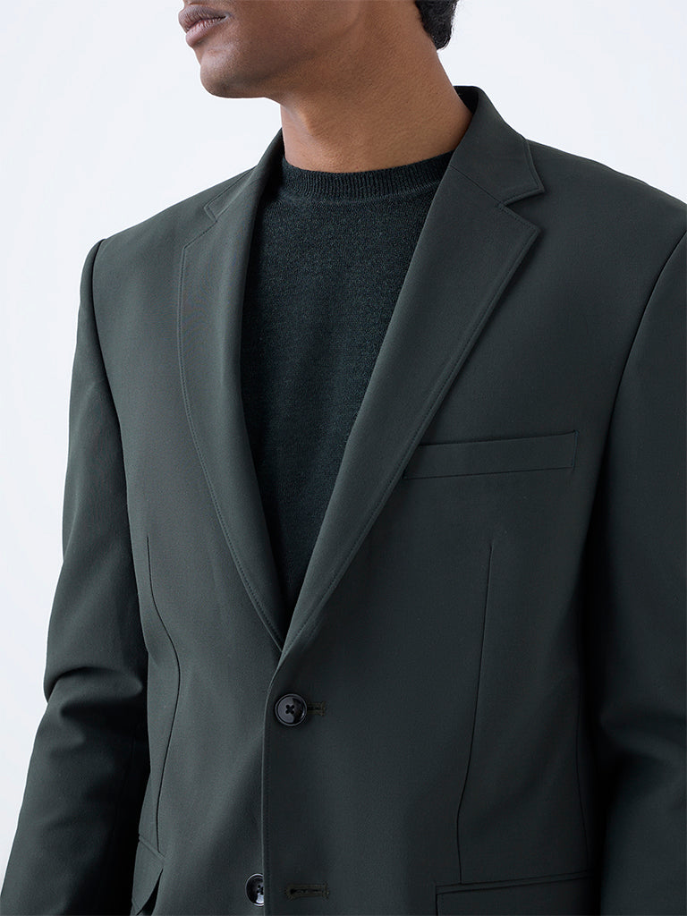 WES Formals Dark Green Solid Slim-Fit Blazer