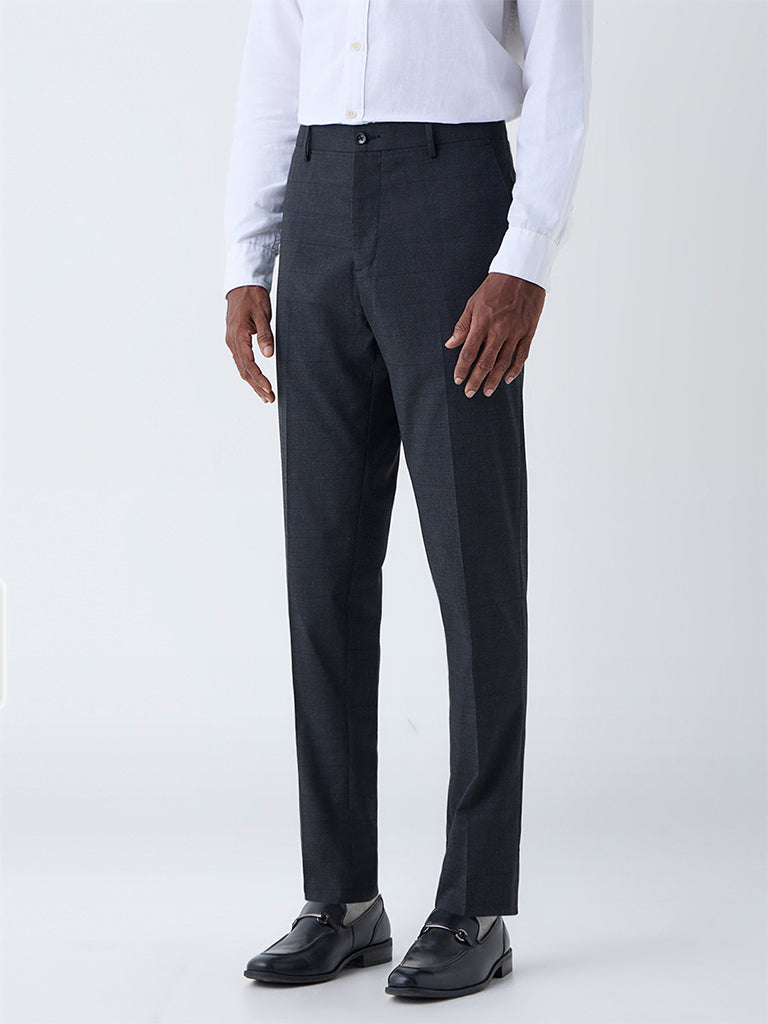 WES Formals Dark Grey Checkered Slim Fit Trousers