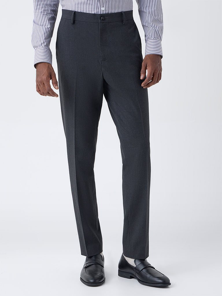 WES Formals Dark Grey Slim-Fit Mid-Rise Trousers