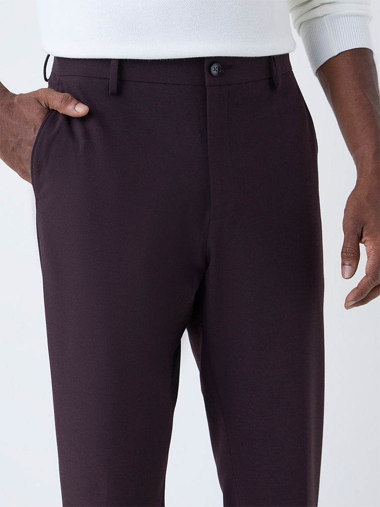 WES Formals Wine Solid Slim-Fit Mid-Rise Trousers