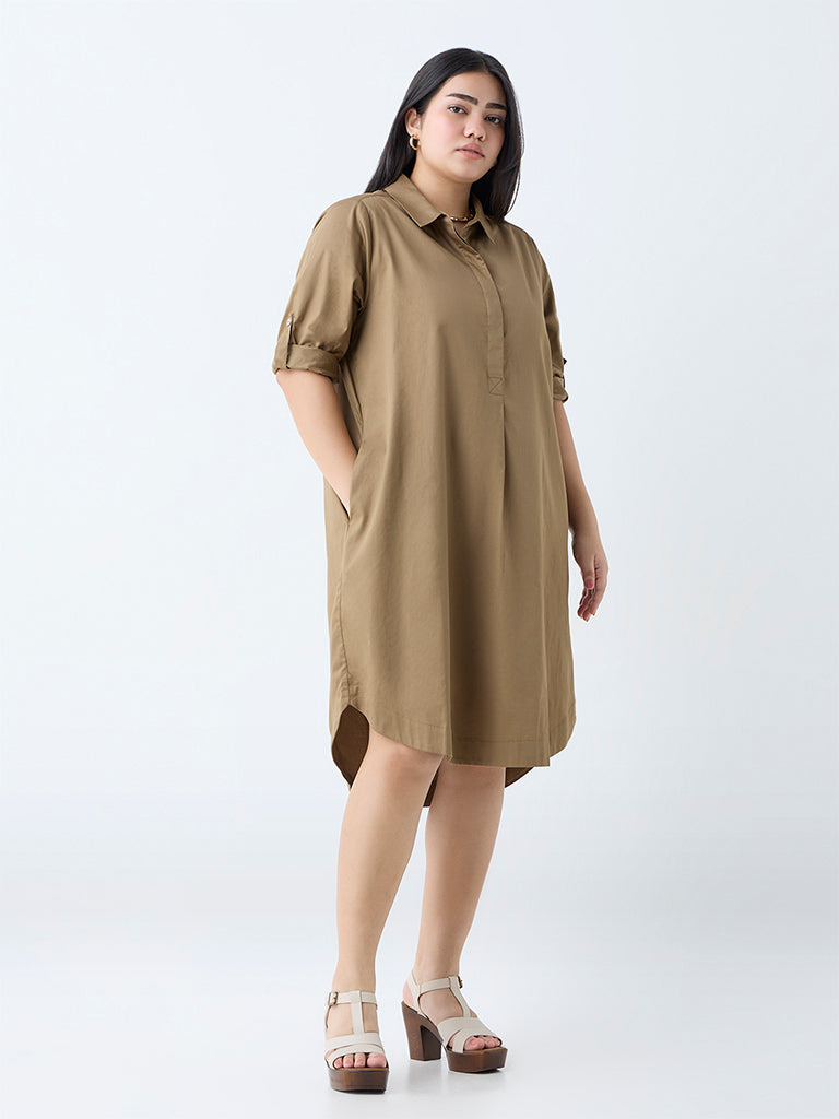 Westside Gia Women's Khaki Solid A-Line Dress for Casual Wear Full View