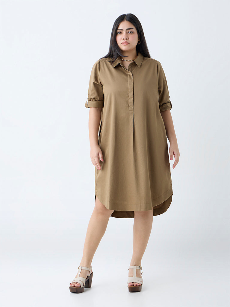 Westside Gia Women's Khaki Solid A-Line Dress for Casual Wear Front View