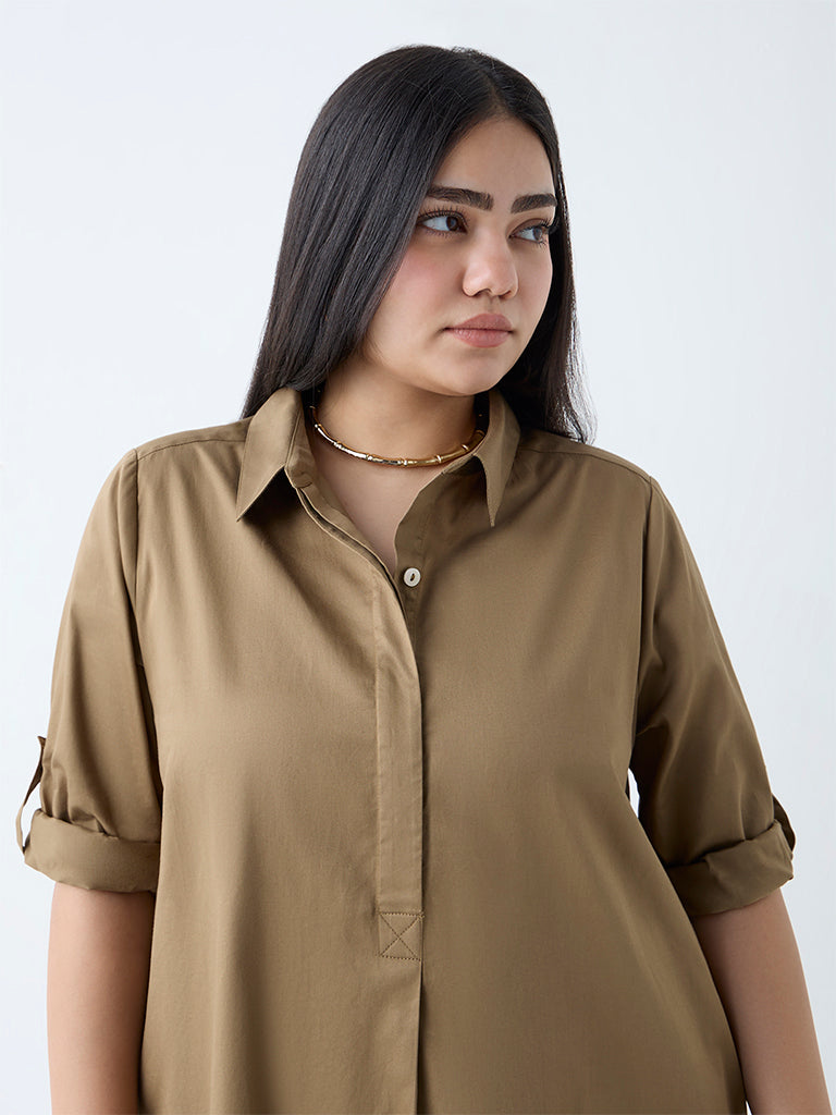 Westside Gia Women's Khaki Solid A-Line Dress for Casual Wear Zoomed View