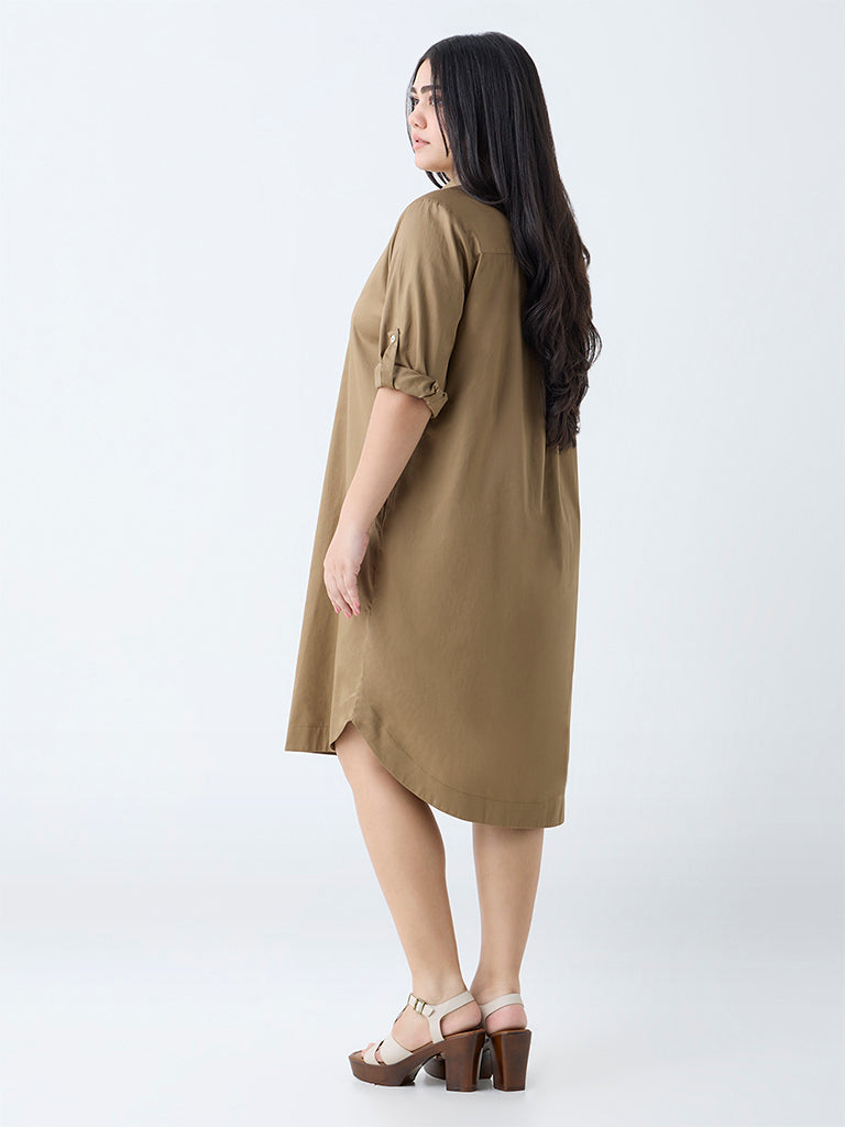 Westside Gia Women's Khaki Solid A-Line Dress for Casual Wear Back View