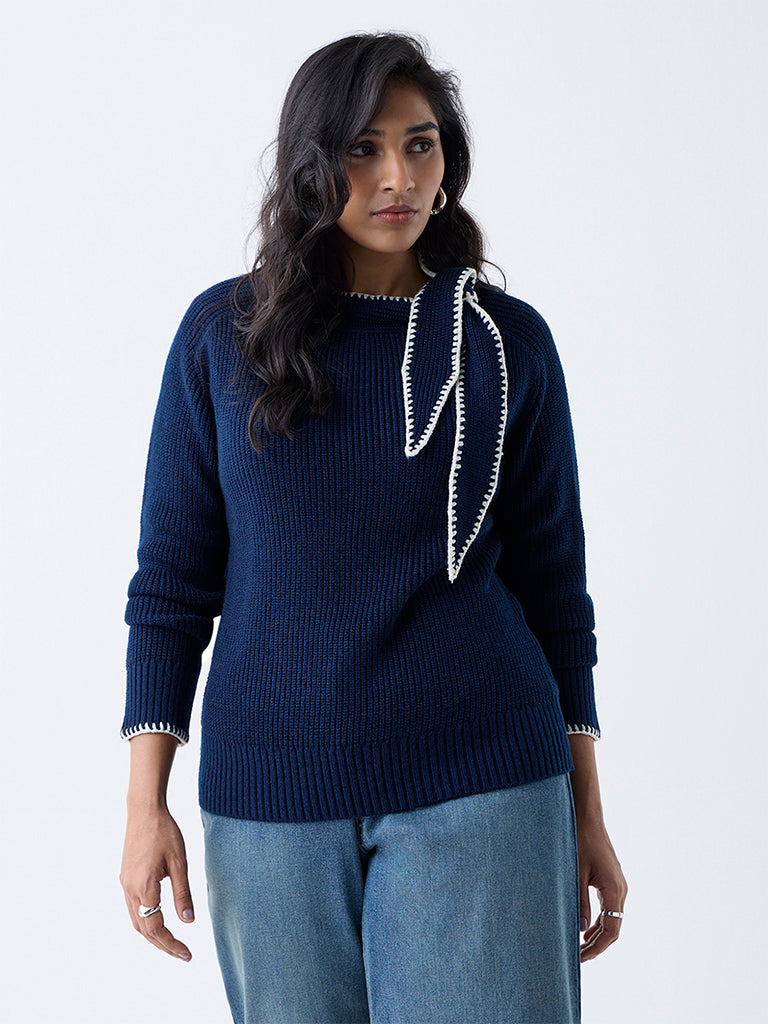 Gia Navy Woven-Textured Sweater