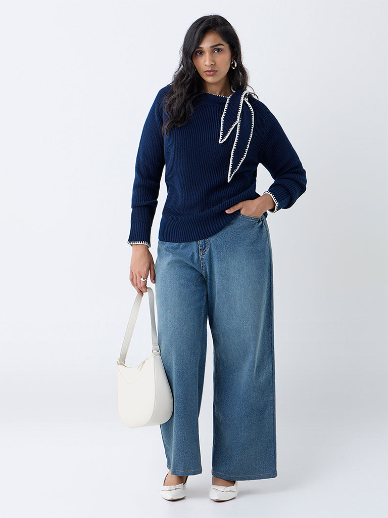 Gia Navy Woven-Textured Sweater