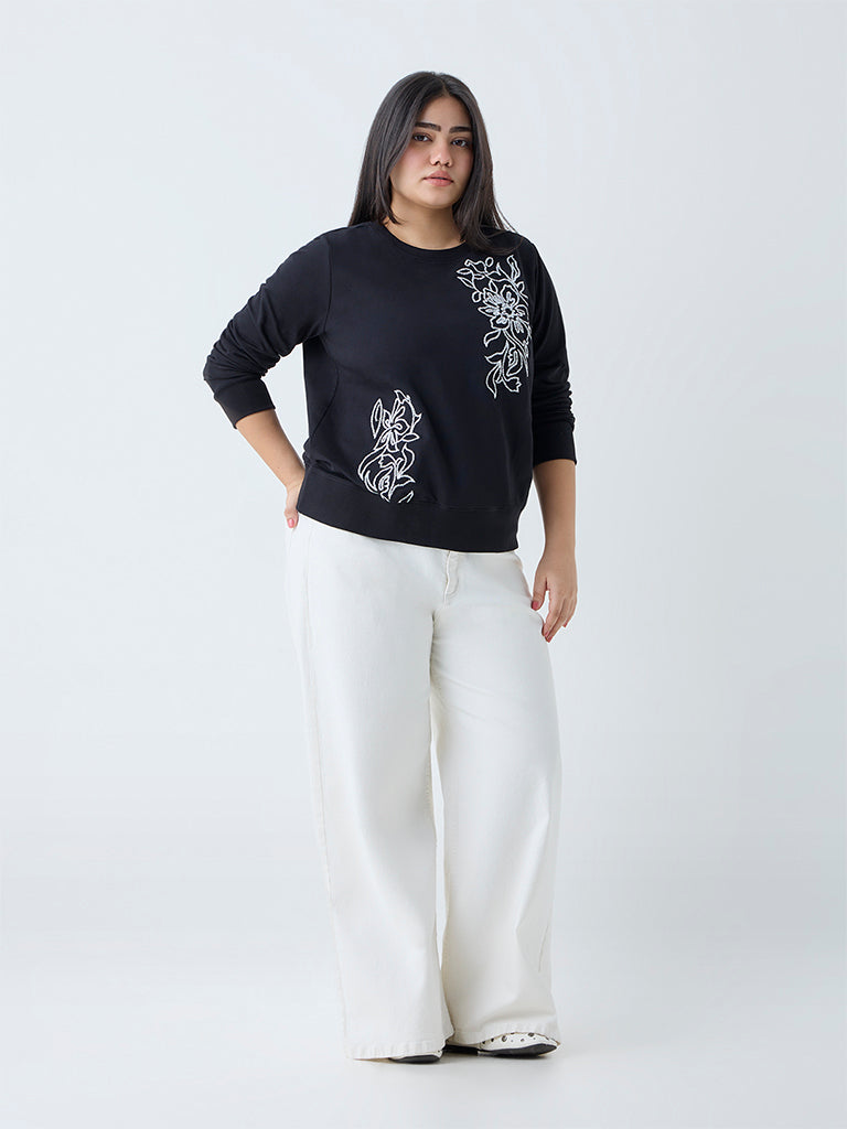 Buy Gia Black Floral Embroidered Cotton Sweatshirt from Westside