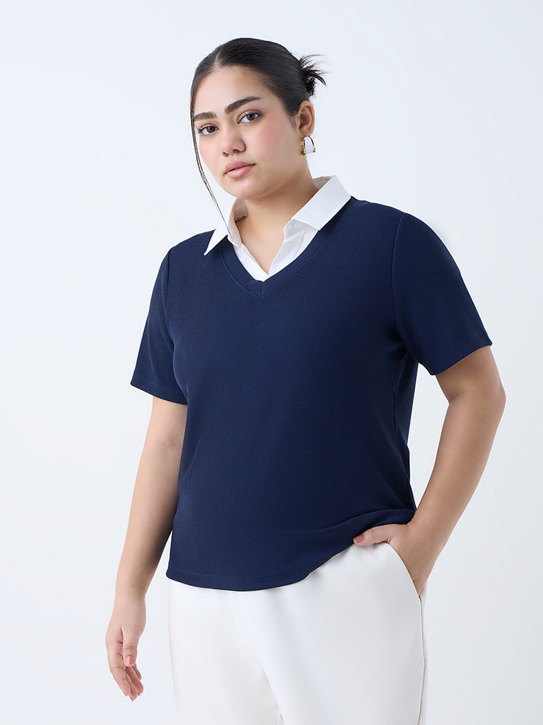 Westside Gia Women's Navy Ribbed-Textured T-Shirt for Casual Wear Full View