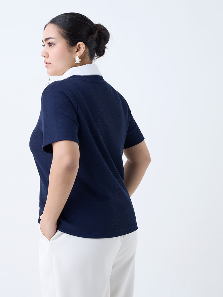 Westside Gia Women's Navy Ribbed-Textured T-Shirt for Casual Wear Back View