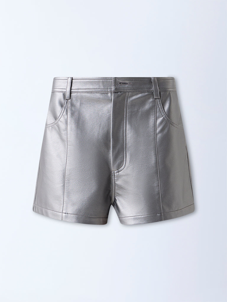 Buy Nuon Silver Metallic High-Rise Shorts from Westside