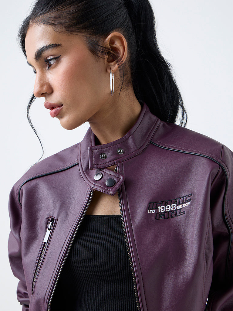 Buy Nuon Plum Typographic Faux-Leather Jacket from Westside