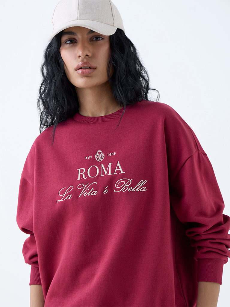Nuon Red Text Design Cotton-Blend Sweatshirt