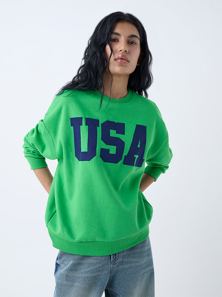 Westside Nuon Women's Green Text Detailed Cotton-Blend Sweatshirt for Winter Wear Front view