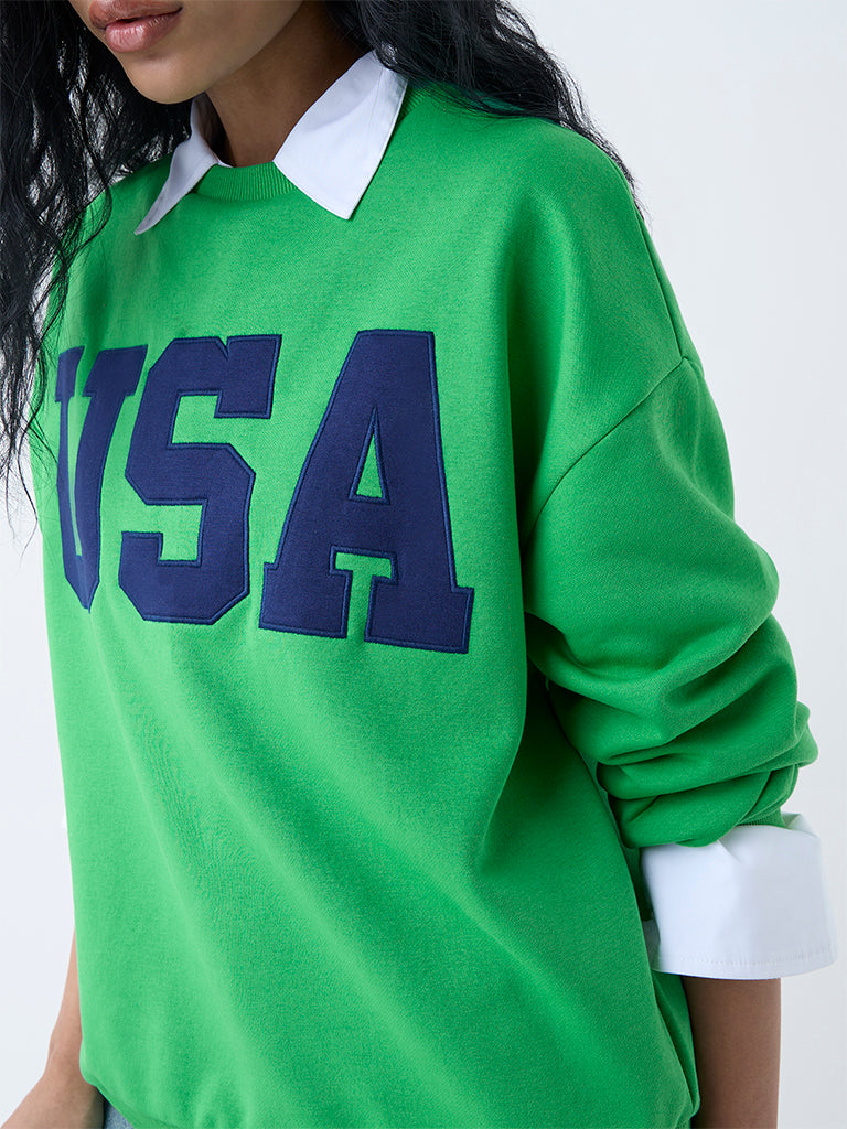 Westside Nuon Women's Green Text Detailed Cotton-Blend Sweatshirt for Winter Wear Zoomed View